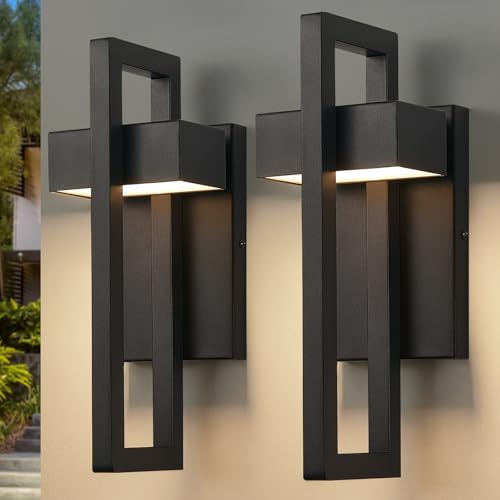Image of tewei 16.5'' Modern LED Outdoor Wall Sconce, Integrated LED Outdoor Light Fixtures Wall Mount Exterior Lights, Black Front Porch Outside Lighting for House, Backyard, Warm White 3000K, 2 Pack