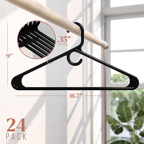 NEATERIZE Ultra Heavy Duty Plastic Clothes Hangers - Black - Durable Coat, Suit and Clothes Hanger. Perchas De Ropa (24 Pack - Black)