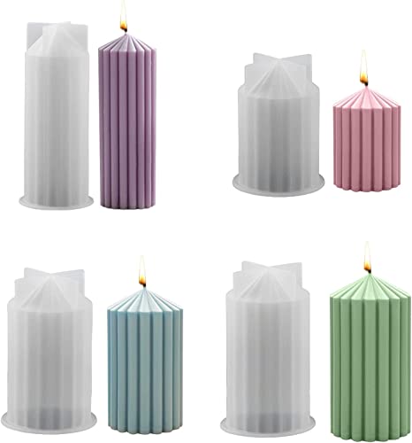 4pcs Striped Column Candle Molds for Candle Making 3D Stripe Cylinder Taper Silicone Candle...