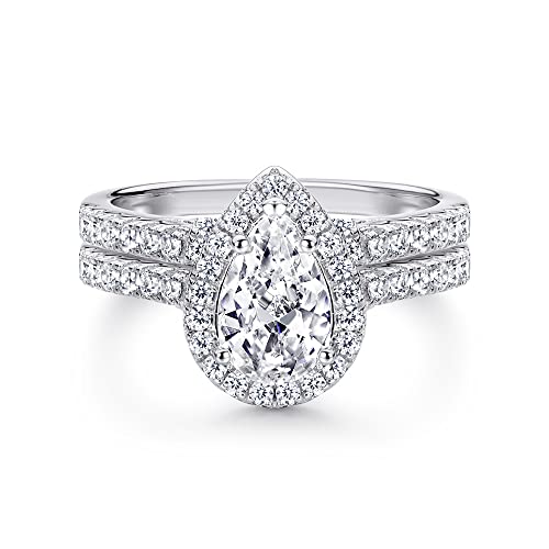 Pear Shaped Wedding Ring Set for Women 2 Carat Center Moissanite Bridal Ring Set Teardrop Engagement Ring Set 925 Sterling Silver 10K 14K 18K Gold