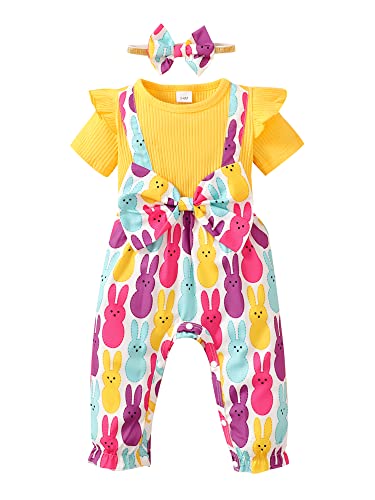 GRNSHTS Infant Girl Clothes 9 month My 1st Easter Baby Girl Clothes Short Sleeve Romper Cute Baby Girl Outfits 2PCS with Bowknot Headband(Yellow,12-18M)