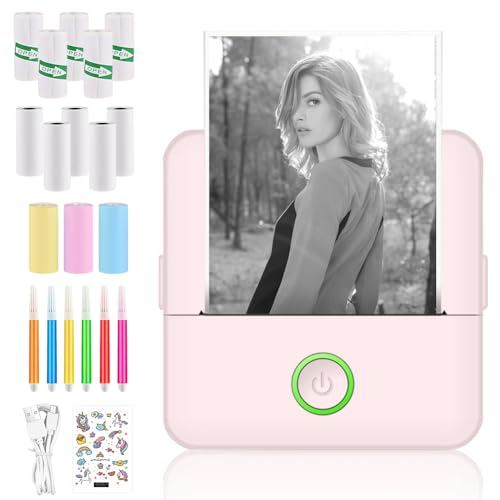 Portable Label Printer with 13 Roll Black White Printing Paper, Bluetooth Wireless Sticker Printer, Small Thermal Inkless Photo Printer, Mini Pocket Printer for Children Study Note Picture Work Gift