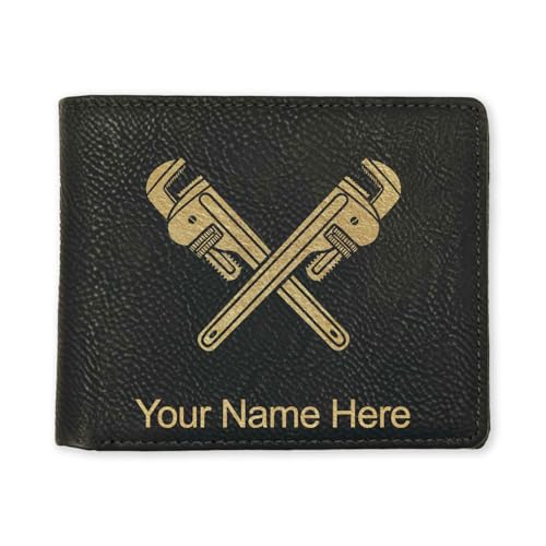 LaserGram Faux Leather Bi-Fold Wallet, Wrenches, Personalized Engraving Included (Black with Gold)
