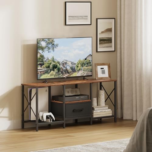 JARHETUN TV Stand with Fabric Drawer, Entertainment Center for 50 55 Inch TV, Industrial TV Console Table with Open Storage Shelves for Living Room, Bedroom, Rustic Brown - Image 3