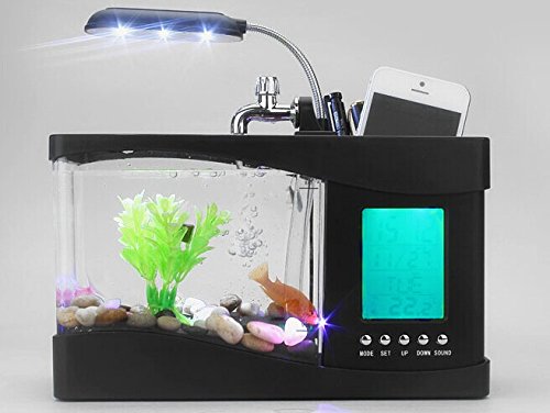 XHF(HK) Mini USB Fashionable Fish Tank LCD Desktop Lamp Light Multifunction Calendar With Thermometer Colorful LED Aquarium