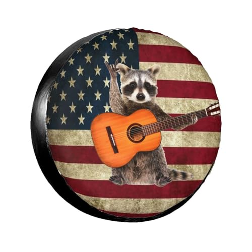 Image of Music Raccoon Spare Tire Cover for Rv Trailer Camper Truck SUV - Cute Raccoon Animal Wheel Protectors Cover Waterproof Fabric for Travel Camping Outdoor,Universal Fit,17 inch
