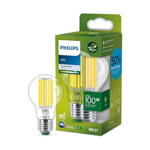 Philips Ultra Efficient – Ultra-energiesparende Lampe, LED-Lichtquelle, E27, 100W, klar, kaltweiß