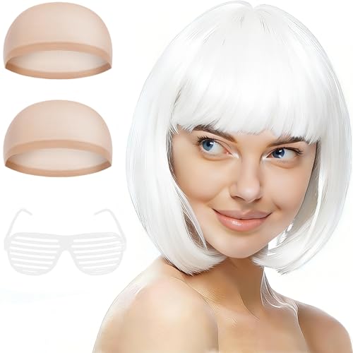 AOMIG Perruque Partyrama, 28cm bob court avec frange Unique, Perruque Coupe au Carré Classique avec Lunettes et bonnets de perruque pour le carnaval &...