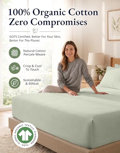 Image of LANE LINEN 100% Organic Cotton Fitted Bed Sheets Queen Size (+Pillowcases) Soft & Comfy Percale Weave Fully Elasticized Low Pilling Fade Resistant Deep Pocket Fits Mattress Upto 15 inch - Mineral