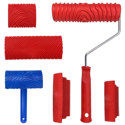 KingOrigin 6pcs Wood Grain Tool Set - 7 Inch Rubber Paint Rollers for Realistic Wood Texture | DIY Faux Wood Look on Walls/Furniture/Decks | Durable & Washable Graining Tools