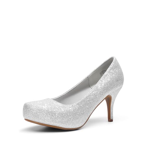 DREAM PAIRS Tiffany Women's Classic Elegant Versatile Low Stiletto Heel Dress Platform Pumps Shoes 5 Silver