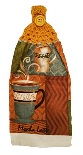 Designs from the Heart Handcrafted Gold Crochet Topped Coffee Theme Kitchen Towel