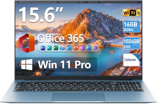 SGIN 15.6 Inch Laptops Computer with Office 365, Win 11 Laptop, 16GB RAM 1024GB SSD Ordinateur Portable, Celeron N5100 Quad-Core, 180° Open Angle, 7000mAh, Type-C, HDMI, for Business and Students