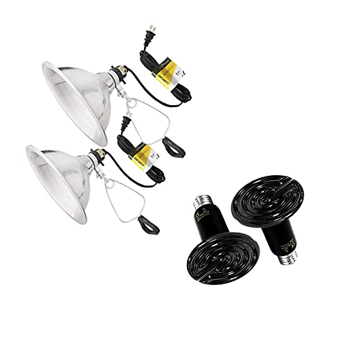 Simple Deluxe 150W Ceramic Reptile Heat Lamp Bulb and 8.5 Inch Reflector Clamp Light Combo for Amphibian Pet, 2 Pack