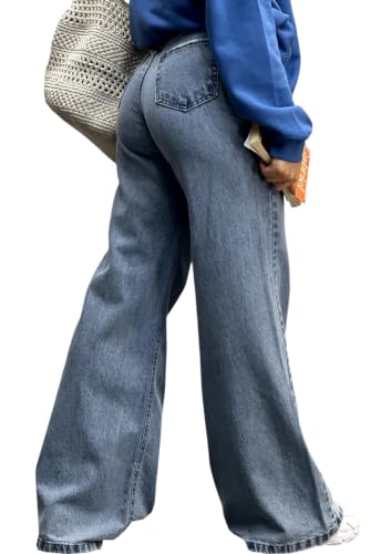 Image of Women's Straight Leg Jeans High Waisted Wide Leg Stretchy Baggy Denim Pants