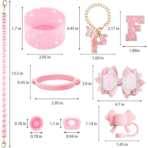 Hpebl 9PCS Pink for Stanley Cup Accessories Set Bling Initials Bow Charms for Stanley Decorations 30/40 Oz Tumbler Accessories Including Bow Straw Topper, Handle Strap, Spill Stopper(Letter F) - image 3