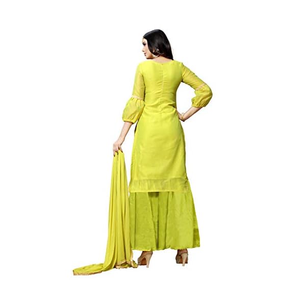 EthnicJunction Women's Lime Green Chanderi Cotton Embroiered Unstitched Sharara Suit - Image 4