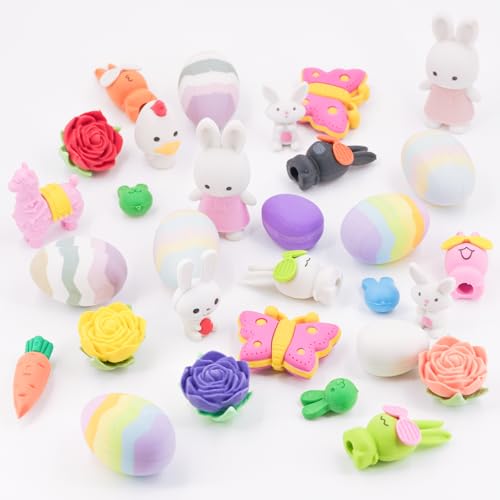 CLOCK KING 30Pcs Cute 3D Easter Erasers 24 Styles Including Bunnies Easter Eggs Flowers and More. Perfect as Easter Egg Stuffing School Gifts and Party Favors.