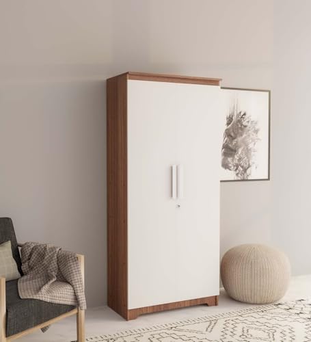Image of COUCH CULTURE Amber Engineered Wood 2 Door Wardrobe | Almirah | Wardrobe with Hanging Rode and Lock | Storage Organizer | Multipurpose Almirah | 4 Shelves | 1 Year Warranty - White & Leon Teak