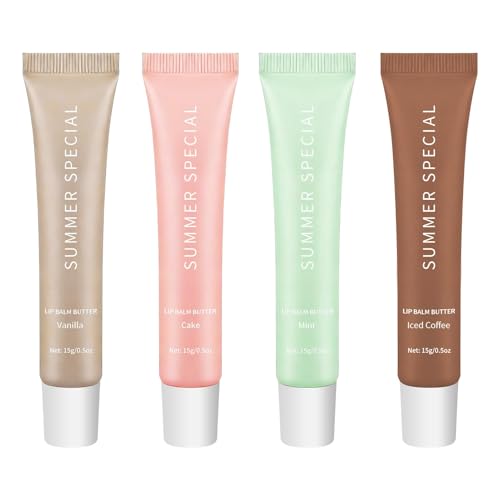 4 Pcs Lip Butter Balm, Hydrating Tinted Lip Balm, Lip Care Nourishing Natural Colored Hydration Gloss Oil Lipstick, Lightweight Gloss & Moisturising Care for Dry Lips (Vanilla, Mint, Coffee, Cake)