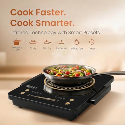 Image of OTEK Cook Xpert 2200W Infrared Cooktop | 8 Preset Modes | Touch Control with LED Display | Works with All Cookware | Crystal Glass | Portable Electric Stove