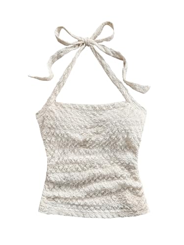 SOLY HUX Women's Halter Top Tie Back Textured Going Out Concert Beach Vacation Crop Tops Summer Sleeveless Camisole