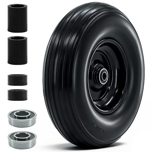 4.00-6 Tire and Wheel 13Solid Tires Excellent quality and High performance Wheelbarrow Wheel with 1.75-5.75Centered Hub 5/8&3/4 Bearing Fit for Wheelbarrow/Wagon/Trolley/Garden Cart etc.(1pack)