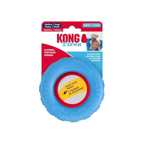 KONG Puppy Tires - Dog Chew Toy for Puppies - Stuffable Dog Toy for Treats & Snacks - Natural Rubber Chew Toy for Teething Puppy - for Medium/Large Puppies - Blue