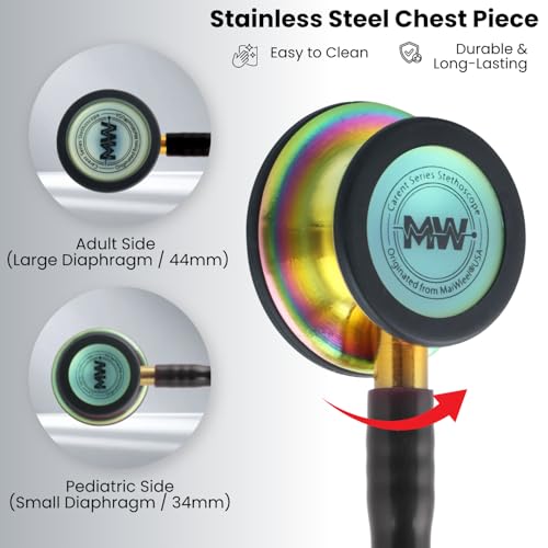 Image of MaiWieel-Classic Monitoring Stethoscope Professional Dual Head Rainbow Stethoscopes For Nurse,Doctor,Vet,Home Medical,EMT,Double-Sided Stainless Chestpiece,Flexible Tubing & Soft Sealing Eartips(Rainbow Black)