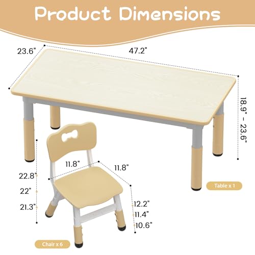 GAOMON Kids Table and 6 Chairs Set, Height Adjustable Toddler Table and Chairs Set for Ages 2-10, Graffiti Desktop, Non-Slip Legs, Children Activity Table for Daycare Classroom Home