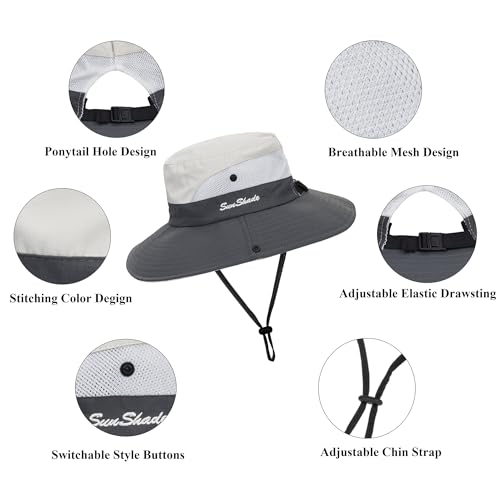 Image of Sun Hat for Women Summer UV Protection Beach Hat Wide Brim Mesh Bucket Fishing Hat with Ponytail Hole Foldable Packable Hat