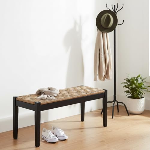 Image of Vintage Entryway Bench, 47 inch Acacia Wood Bench with Woven Seagrass Seat, Entryway Bench, Wicker Bench Indoor for Hallway, End of Bed, Rustic Farmhouse Boho Style, Indoor Decorative Bench (Black)