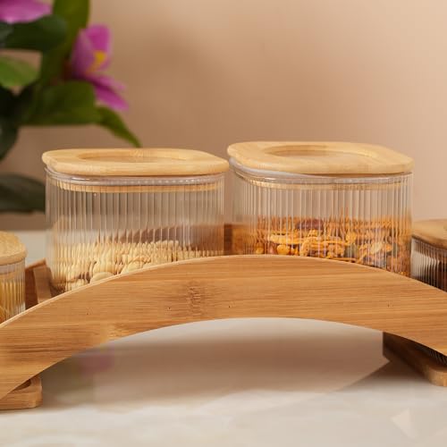 Image of HOME 360 Bamboo Bridge Tray | Set of 4 Ribbed Glass Canisters with Natural Wood Lids | Unique Arched Display Spice Rack | Minimalist Boho Kitchen Decor | (Bridge - 4Jar)