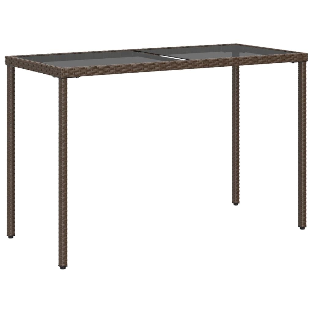 Poly Rattan stół ogrodowy ze szklanym blatem, brązowy, 115 x 54 x 74 cm, na taras i do ogrodu, malowana proszkowo rama stalowa