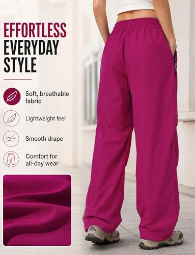 Image of FEOYA Waterproof Pants Women Light Rain Pants Parachute Drawstring Cuffs | Elastic Drawstring Waist,Zipper Large Pockets,Quick-Dry Water-Repellent Baggy Cargo Pants,Camping Hiking Pants Travel Casual
