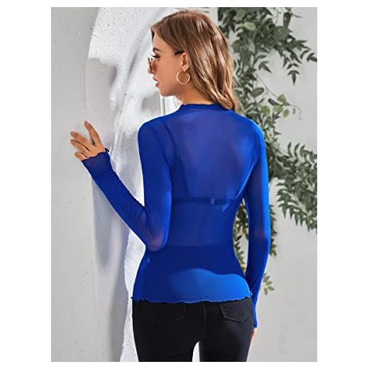 XAOLIUN Sallad trim se genom nätet utan bh Kvinnors långärmade fashionabla toppar (Color : Royal Blue, Size : M)