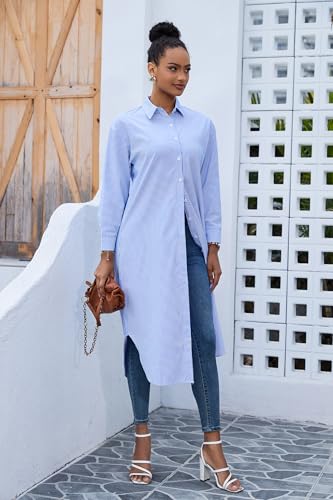 Image of Choichic Button Down Shirts for Women Cotton Casual Collared Striped Shirt Long Sleeve Maxi Dress