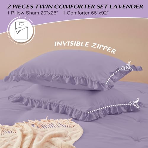 Image of HARBOREST Twin Comforter Set Lavender - Ruffle Comforter for Twin Size Bed, Fluffy Twin Size Comforter Set for All Seasons, 2 Pieces Shabby Chic Bedding Comforter Sets(1 Comforter & 1 Pillow Sham)