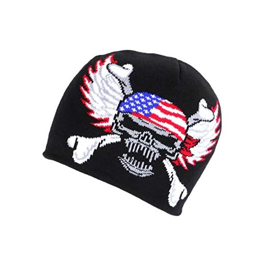 Nyls Création Bonnet Biker Tete de Mort et Ailes Aigle Drapeau USA en Laine - Mixte