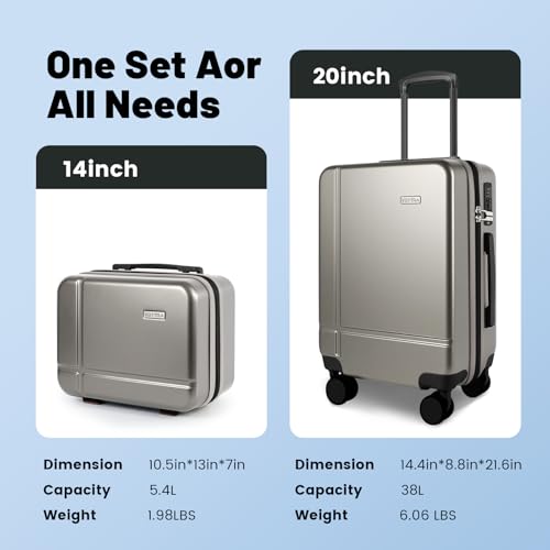 Image of 2 Piece Carry on Luggage Set, 14 in 20 in Hard Shell Suitcase with TSA Lock, 360 Silent Spinner Wheels, Durable & Stylish Travel Luggage for Men & Women, Premium Gold