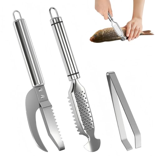 GFUEIGJ 3 Stück Fischentschupper Edelstahl Fischentschupper Entferner mit Grätenzange Profi Fisch Scaler Scraper Vielseitig Fischschupper für Entfernen von Fischschuppen Gräten