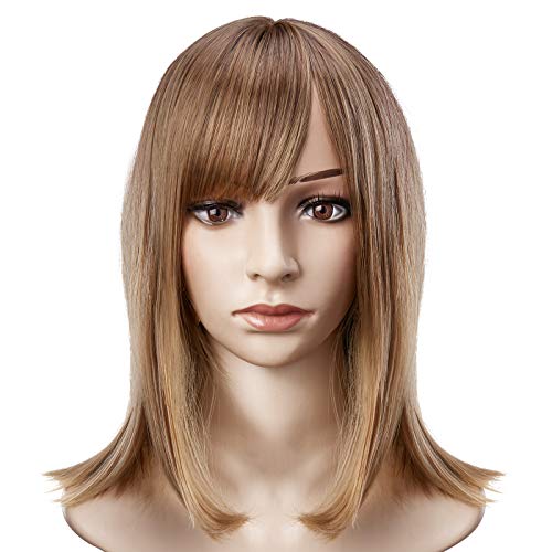 Akkya Blonde Wig Medium Length Side Part Blonde Natural Wigs for Women Shoulder Length Blonde and Brown Hair Wig for Cosplay Halloween Party 14 Inches