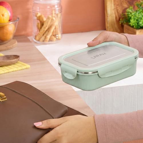 Image of Larah by BOROSIL Freshbyte Food Storage Container with Airtight Stainless Steel Lid | Fridge Container for Lunchbox | Food Grade | Microwave Safe (Green, 600 ml, Rectangular)