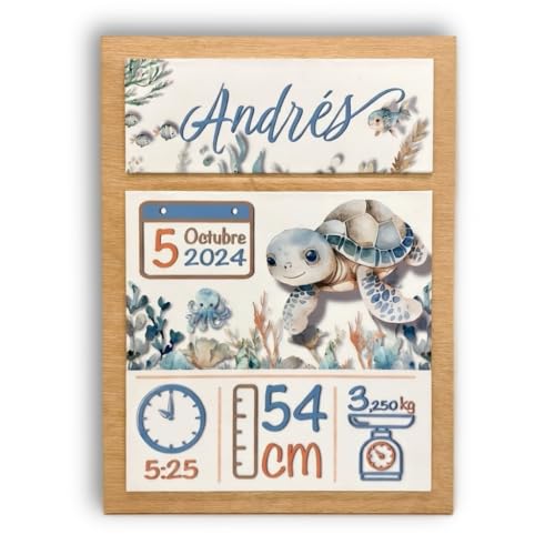 XLYZE Cuadro Natalicio Bebe Personalizado Madera, Regalo Recien Nacido, Detalle Nacimiento Niño y Niña, Cuadro Bebé Animales con Datos, Madera con Fecha Nacimiento Bebé (Tortuga de Mar)