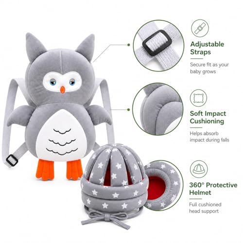Image of GLUN Baby Back Protector with Head Protective Hat Combo Set, Cute Owl Shape Soft Cushioning, Adjustable Shoulder Belt, Head Protection Gear for 6-18 Month Toddler Kids