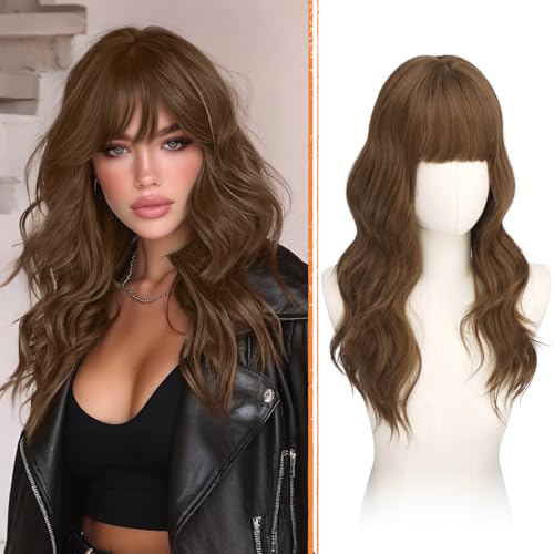 Haloo Brown Wigs with Bangs - 20 Inch Long Soft Wavy Natural Looking Synthetic Heat Resistant Hair Wig for Women Daily Party, Golden Brown