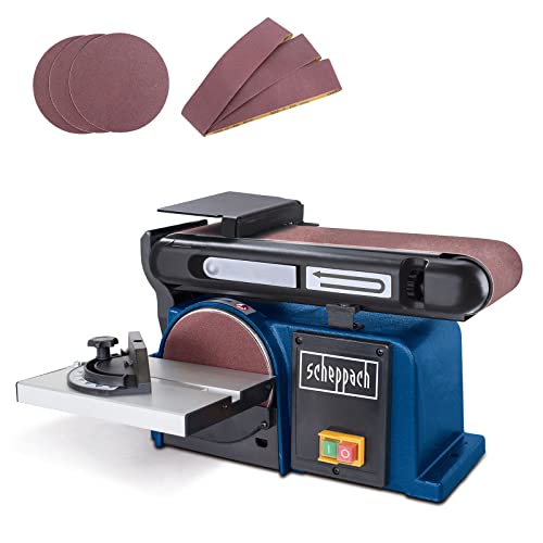 Scheppach Band -& Tellerschleifer BTS800 Bandschleifer mit 6 tlg. Schleifset | 370W Leistung | Bandlänge 915mm - Breite 100mm | SchleiftellerØ 150mm | 90°-45° verstellbarer Tisch | Absaugung Ø 63mm