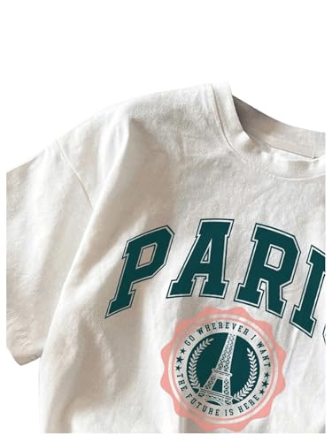 Verdusa Girl's Letter Print Casual T Shirt Short Sleeve Round Neck Tee Tops White Green 12Y3