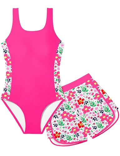Image of Girls Swimsuit One Piece Swimsuits Color Block Bathing Suit for Girls Adjustable Strap Padded Swimwear with Shorts