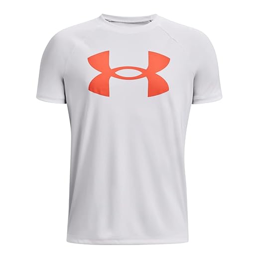 Under Armour boys Tech Big Logo Short Sleeve T-Shirt , (102) White / / Frosted Orange , Youth Medium